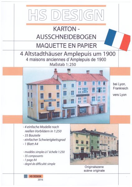 4 Altstadthäuser Amplepuis um 1900 bei Lyon, Frankreich, 1:250